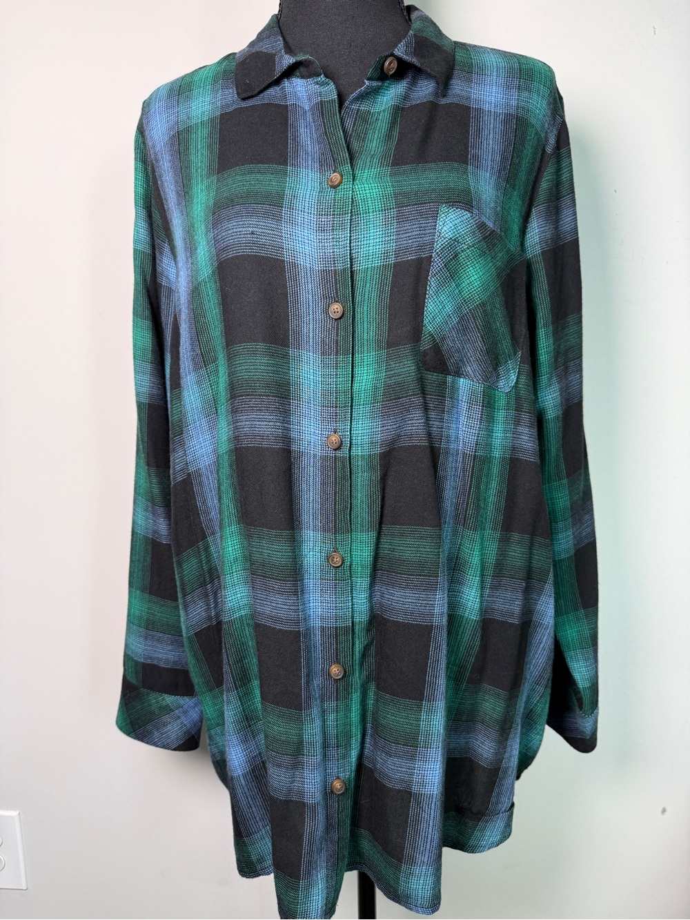 J.Jill Plaid Flannel Button Down Shirt Tencel Blue Green Black Layering Sz L